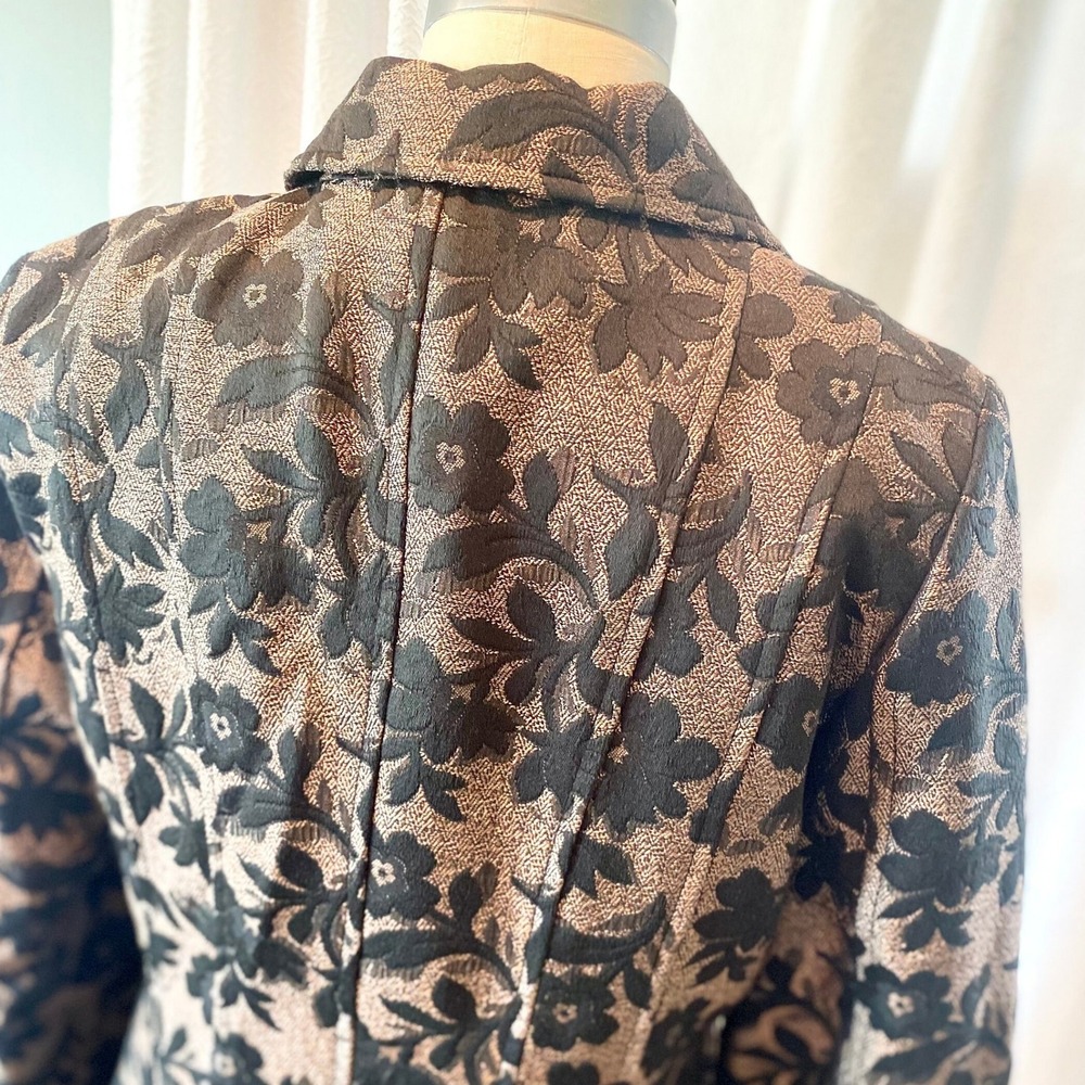 Vintage Brocade Trench Coat, Black Copper Metallic Floral, Size 12 - Picture 9 of 11